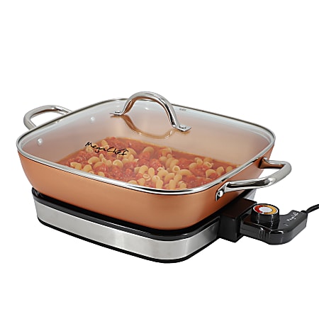 MegaChef Electric Fry Pan With Copper Coating, 5”H x 11-13/16”W x 11-13/16”D, Copper