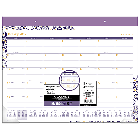 AT-A-GLANCE® Monthly Desk Pad, 21 3/4" x 15 1/2", Abby, January to December 2017