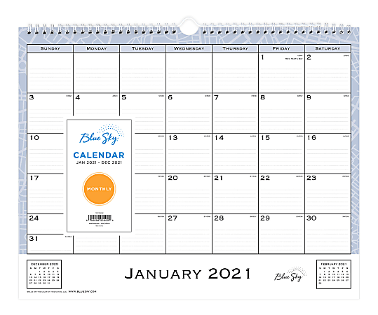 Blue Sky™ Monthly Wire Wall Calendar, 12" x 15", Passages, January To December 2021, 110399