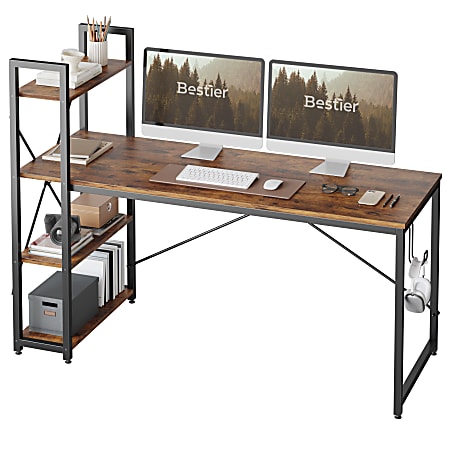 Bestier Modern Office Desk With Storage Shelf & Headset Hook, 63"W, Rustic Brown