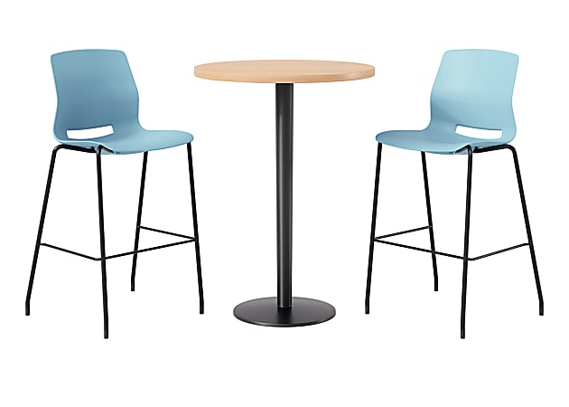 KFI Studios Proof Bistro Round Pedestal Table With Imme Barstools, 2 Barstools, Maple/Black/Sky Blue Stools