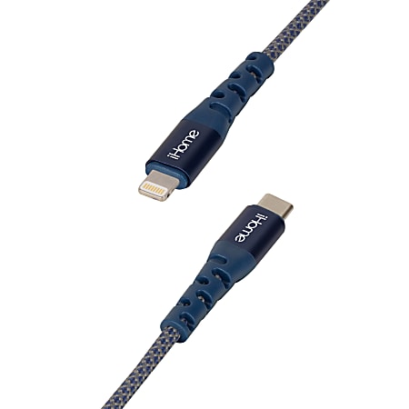 iHome Ultra Boost Nylon Lightning To USB-C Cable, 6', Blue