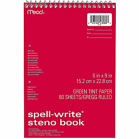 Mead Spell-Write Steno Book - 80 Sheets - Wire Bound - 6" x 9" Sheet Size - Green Paper - Cardboard Cover - 1 Each