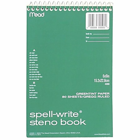 Mead Spell-Write Steno Book - 80 Sheets - Wire Bound - 6" x 9" - Green Paper - Cardboard Cover - 1 Each
