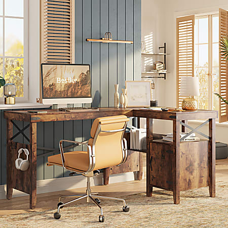Bestier Computer Office Desk with Storage Shelves & Hutch, Rustic Brown