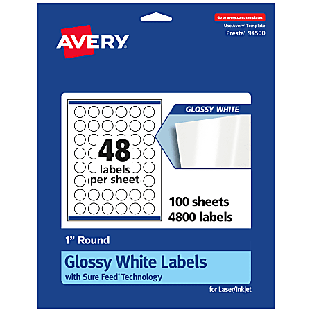 Avery® Glossy Permanent Labels With Sure Feed®, 94500-WGP100, Round, 1" Diameter, White, Pack Of 4,800