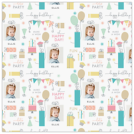 Custom Full-Color Gloss Finish Wrapping Paper, Standard Roll, 7' x 29-1/4", Pastel Birthday Icon Designs With Photos