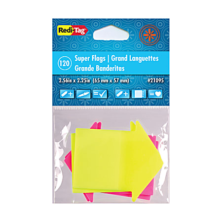 Redi-Tag Super-size Neon Arrow Page Flags - 60 x Neon Yellow, 60 x Neon Magenta - 2.56" x 2.25" - Arrow - Neon Yellow, Neon Magenta - See-through, Writable, Removable, Repositionable, Self-adhesive, Padded - 120 / Pack