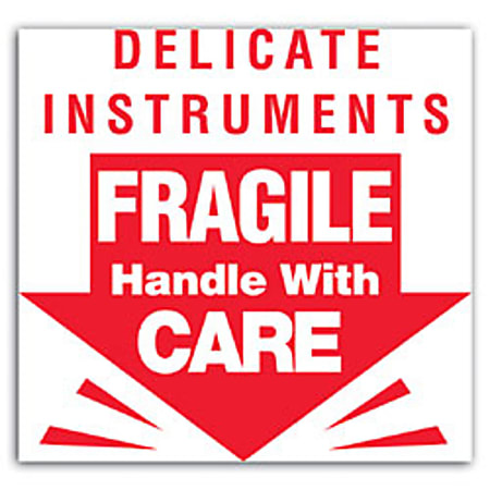 Tape Logic® Preprinted Shipping Labels, DL1080, "Delicate Instruments ™ Fragile Handle With Care", 3" x 3", Red/White, Roll Of 500