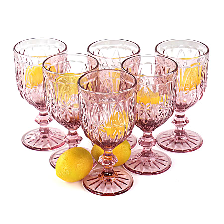 Spice By Tia Mowry 6-Piece Handmade Glass Embossed Goblet Set, 10.8 Oz, Pink