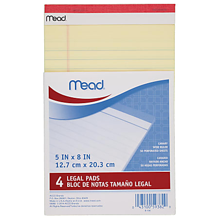 Mead® Legal Pads, Junior, 5" x 8", 50 Sheets, Canary, Pack Of 4 Pads