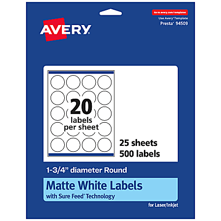 Avery® Permanent Labels With Sure Feed®, 94509-WMP25, Round, 1-3/4" Diameter, White, Pack Of 500