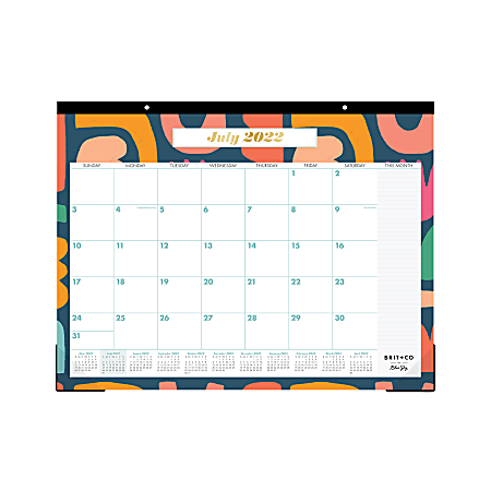 Blue Sky™ Monthly Academic Desk Pad Calendar, Brit + Co, 22" x 17", Abstract Blocks, July 2022 to June 2023, 136449