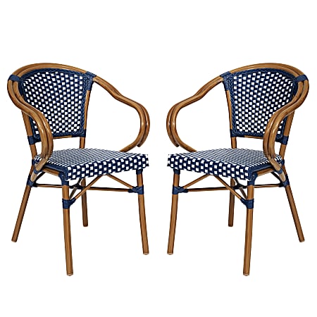 Flash Furniture 2 Pack Bordeaux Indoor/Outdoor Commercial Bistro Stacking Chair with Arms, Navy & White/Natural Frame -2SDAS642142NVWN