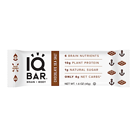 IQ BAR Brain Fuel Protein Bars, Chocolate Sea Salt, 1.6 Oz, Box Of 24 Bars