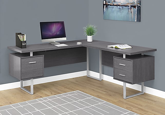 Monarch Specialties 71"W L-Shaped Corner Desk With 2 Drawers, Gray