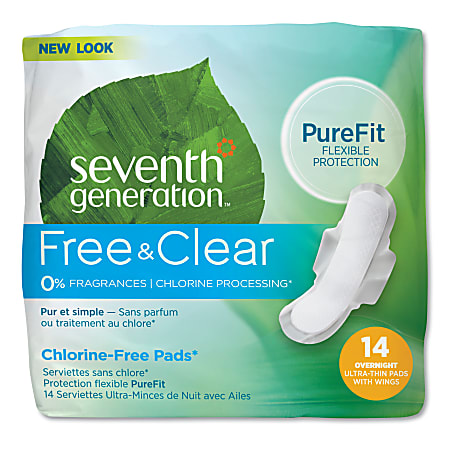 Seventh Generation Free & Clear Chlorine-Free Maxi Pads, Ultra Thin Overnight, 14 Pads Per Pack, Carton Of 6 Packs