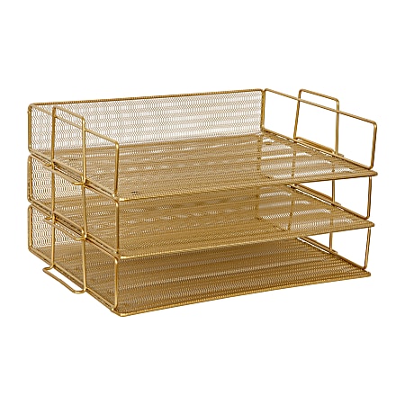 Martha Stewart Ryder 3 Tier Stackable Steel Mesh Desk Letter Tray Organizer 7 34 H x 14 12 W x 10 12 D Gold Office Depot