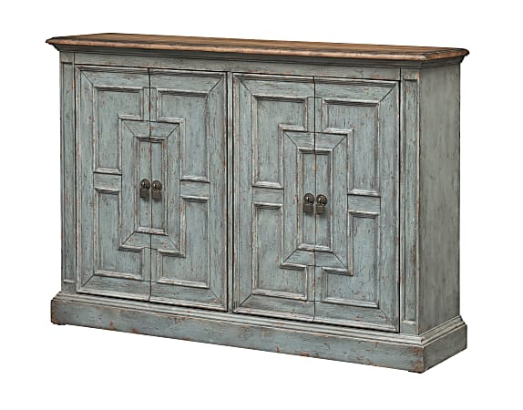 Coast to Coast Eloise Vintage Inspired 4-Door Credenza Cabinet, 40”H x 56"W x 15"D, Brown/Haversham Aged Blue
