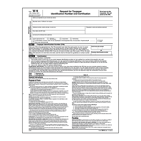 W-9 Request For Taxpayer Identification Number, 30% Recycled Laser Cut Sheet Forms, Pack Of 50