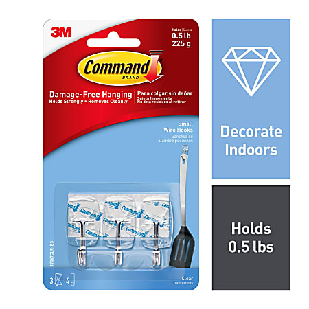 Command Wire Hooks, Small, Clear, 3 Hooks 4 Small Strips