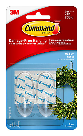 Command Medium Plastic Hooks, 2 Command Hooks, 4 Command Strips, Damage Free Hanging of Dorm Room Decorations, Clear