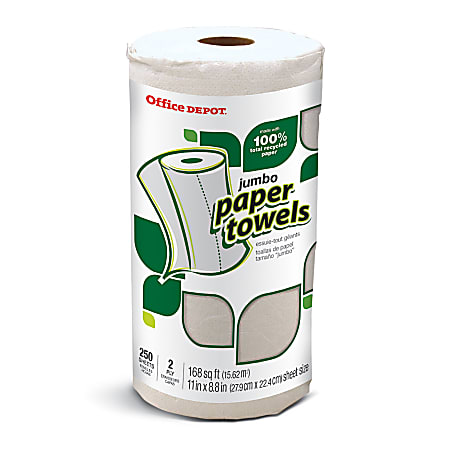Office Depot® Brand 100% Recycled Jumbo Paper Towels, 250 Sheets Per Roll, Pack Of 12 Rolls