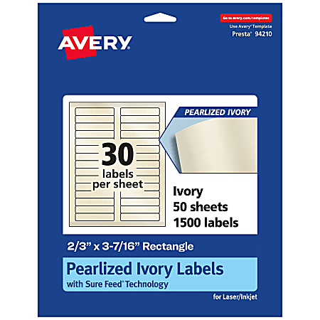 Avery® Pearlized Permanent Labels With Sure Feed®, 94210-PIP50, Rectangle, 2/3" x 3-7/16", Ivory, Pack Of 1,500 Labels