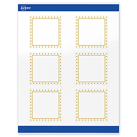 Avery® Print-To-The-Edge Labels & Sure Feed®, S00-DHZ-PRWGP10, 3" x 3", Glossy White, Preprinted Gold Border & Gold Dots Design, Pack Of 60