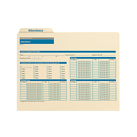 ComplyRight Attendance Folders, 11 3/4" x 9 1/2", Manila, Pack Of 25