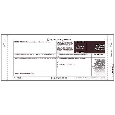 1098 Mortgage Interest Statement, Undated 1-Part Electronic Reporting Carbonless 30% Recycled Continuous Forms, Copy B, Pack Of 102