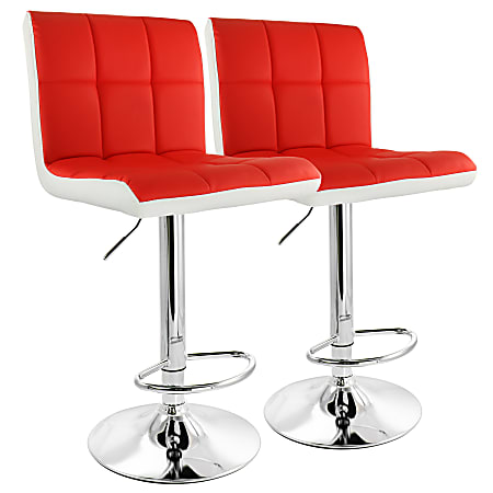 Elama Faux Leather Tufted Bar Stools, Red/White/Chrome, Set Of 2 Stools