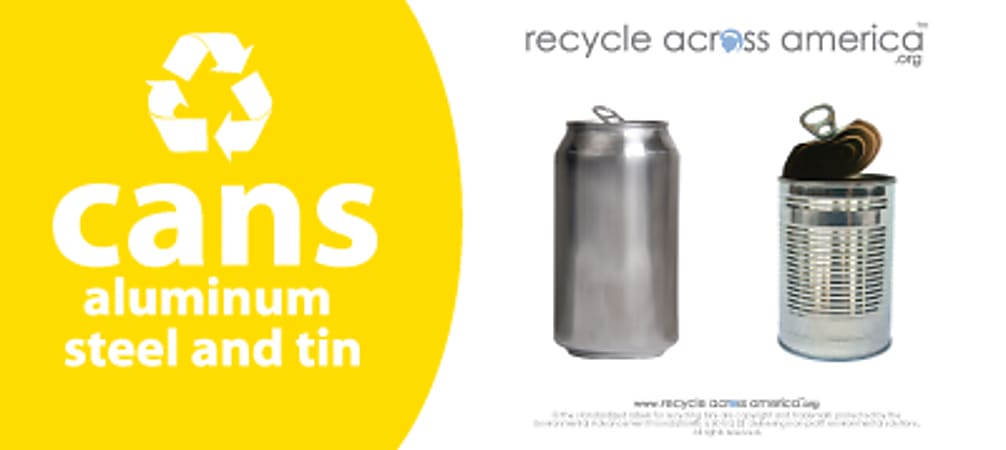 Recycle Across America Aluminum, METAL-0409, Steel And Tin Cans Standardized Recycling Labels, 4" x 9", Yellow