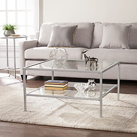 Southern Enterprises Keller Square Metal/Glass Open-Shelf Cocktail Table, Rectangular, Clear/Silver