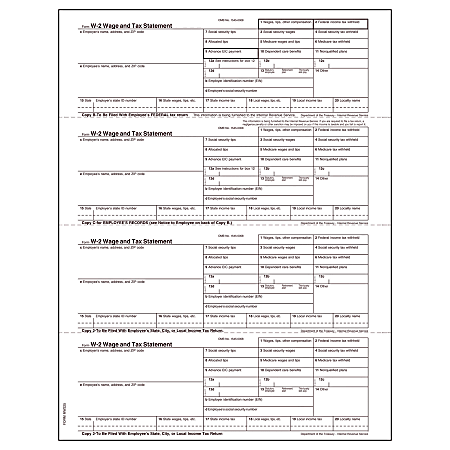 W-2 Wage And Tax Statement, Four Down Style, Employee's Copies Cut Sheet 30% Recycled Laser Forms, Pack Of 50