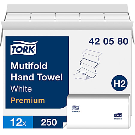 TORK Premium Multifold Hand Towel - 1 Ply - Multifold - 9" x 9.50" - White - Paper - Absorbent, Quick Drying - For Hand, Washroom - 250 / Sleeve
