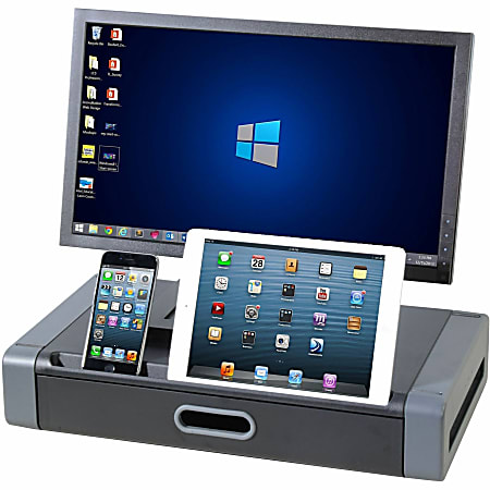 Kantek Monitor Riser with Drawer and Tablet/Smartphone Slot, 4"H x 19"W x 11"D, Polystyrene, Black, Gray