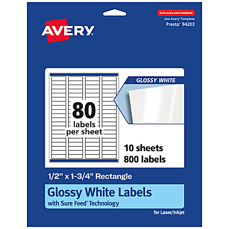 Avery® Glossy Permanent Labels With Sure Feed®, 94203-WGP10, Rectangle, 1/2" x 1-3/4", White, Pack Of 800