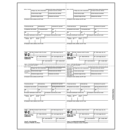 W-2 Wage And Tax Statement, Four Corner Style, Employer's Copies Cut Sheet 30% Recycled Laser Forms, Pack Of 50