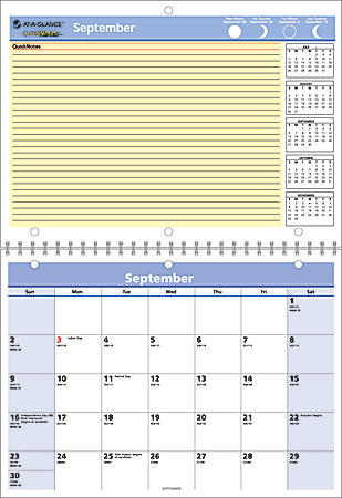 AT-A-GLANCE® QuickNotes® 16-Month Academic Wall Calendar, 11" x 8", 30% Recycled, September 2013-December 2014