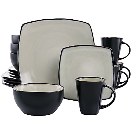 Gibson Elite Soho Lounge 16-Piece Square Stoneware Dinnerware Set, Sand