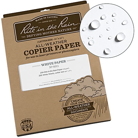 Rite in the Rain® Weatherproof Laser Printer Paper, Letter Paper Size, 85 Brightness, 20 Lb, White, 200 Sheets Per Ream, Case Of 8 Reams