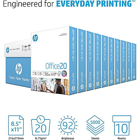 Office20 Paper, 92 Bright, 20 lb Bond Weight, 8.5 x 11, White, 500 Sheets/Ream, 5 Reams/Carton