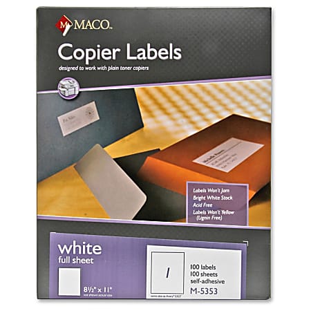MACO® White Copier Address Labels, 333981, 8 1/2" x 11", Box Of 100