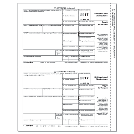 ComplyRight 1099-DIV Tax Forms For 2017, Inkjet/Laser, Recipient Copy B, 1-Part, 8 1/2" x 11", Pack Of 50 Forms