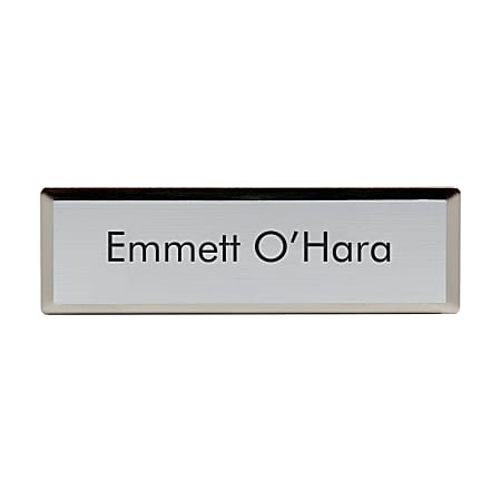 Metal name tags with engraved logo and text