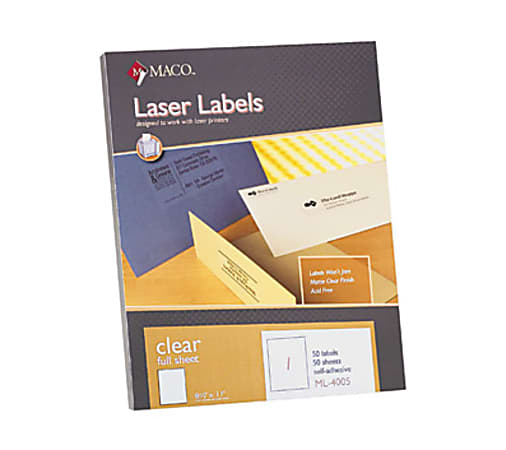 MACO® Laser/Ink Jet Matte Clear Multi-Purpose Labels, MACML4005, Permanent Adhesive, 8 1/2"W x 11"L, Rectangle, Clear, Pack Of 50