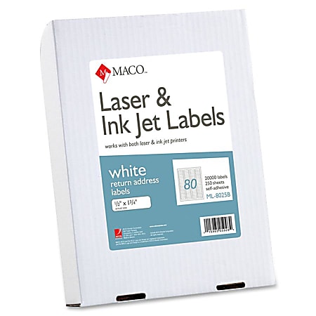 MACO® White Laser/Ink Jet Return Address Labels, MACML8025B, Permanent Adhesive, 1/2"W x 1 3/4"L, Rectangle, White, 80 Per Sheet, Box Of 20,000