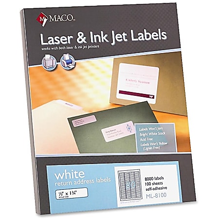 MACO® White Laser/Ink Jet Return Address Labels, MACML8100, Permanent Adhesive, 1/2"W x 1 3/4"L, Rectangle, White, 80 Per Sheet, Box Of 8,000