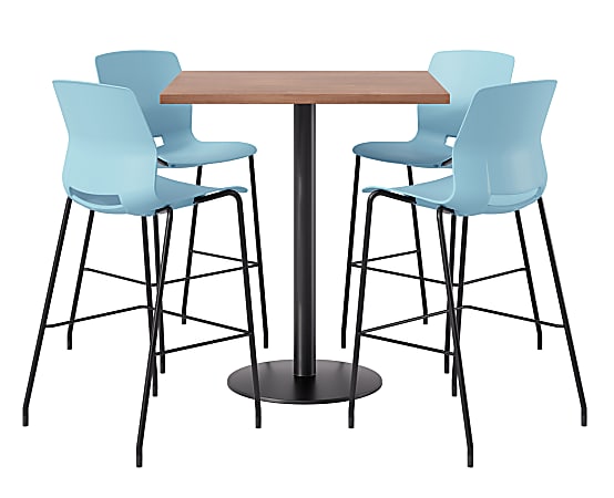 KFI Studios Proof Bistro Square Pedestal Table With Imme Bar Stools, Includes 4 Stools, 43-1/2”H x 42”W x 42”D, River Cherry Top/Black Base/Sky Blue Chairs